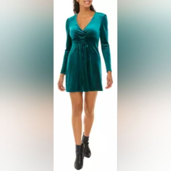 NWT Bebop Long Sleeve Velvet Lace Up Hunter Green Fit & Flare Dress (S) - Picture 1 of 8